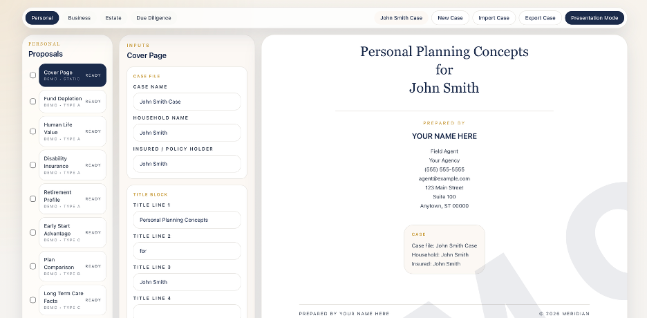 Meridian proposal editor — three-panel view with proposal list, input form, and live document preview